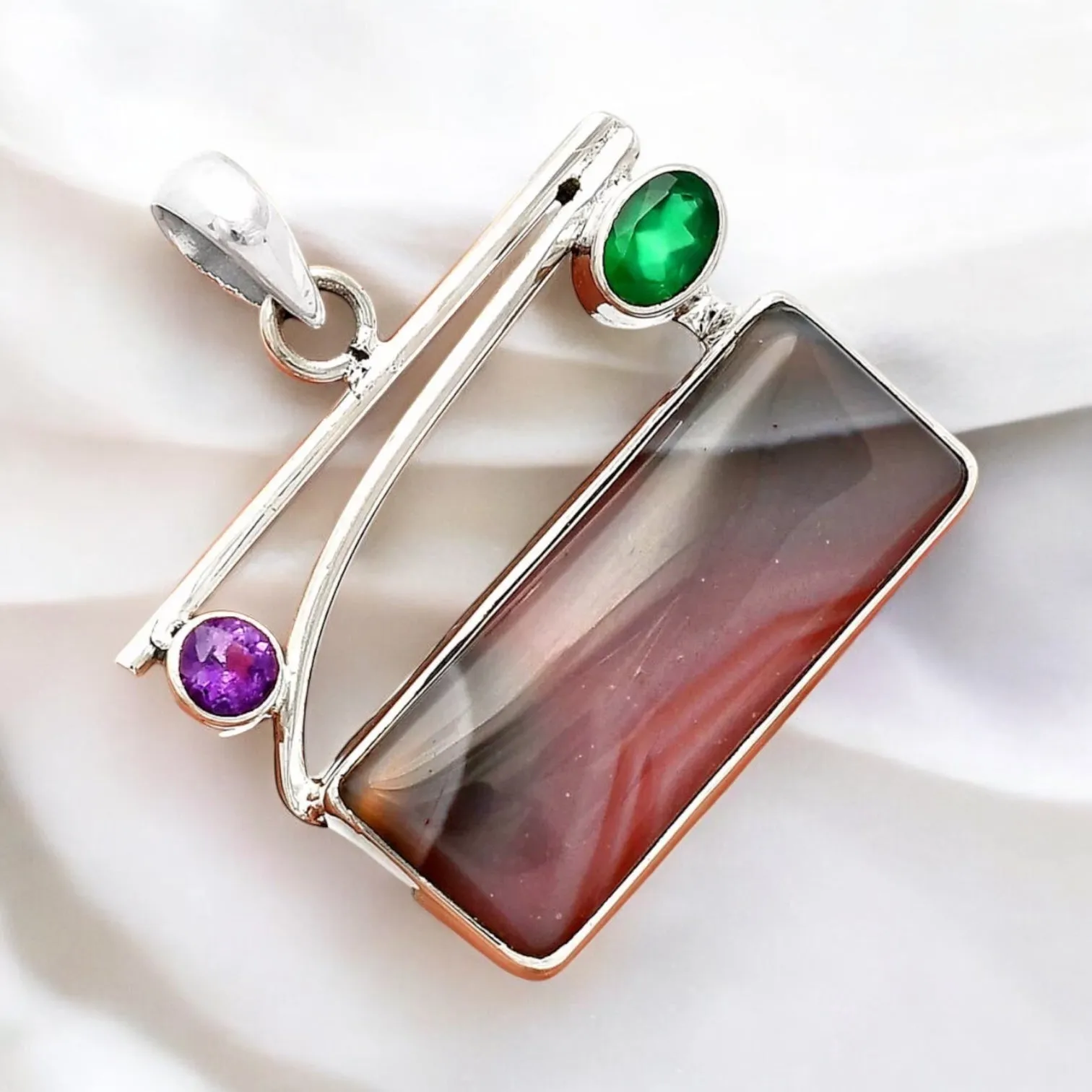 Lake Superior Agate Green Onyx Amethyst Solid 925 Sterling Silver Pendant