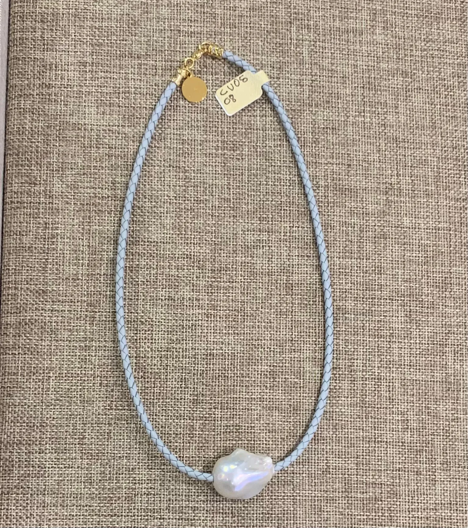 Large Baroque Pearl on Braided Leather Choker | Blue
