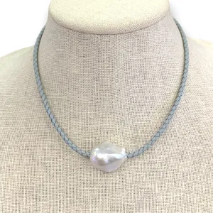 Large Baroque Pearl on Braided Leather Choker | Blue