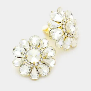 Large Clear Crystal Flower Clip On Earrings on Gold | 331544