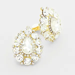 Large Clear Crystal Teardrop Stud Clip On Earrings on Gold | 233871