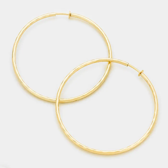 Large Clip On Gold Textured Hoop Earrings | 3.25" | 142686