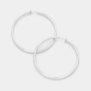 Large Clip On Silver Textured Hoop Earrings | 2.25" | 340793