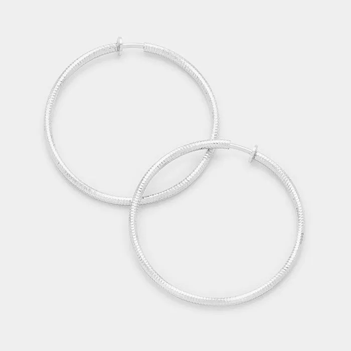 Large Clip On Silver Textured Hoop Earrings | 2.25" | 340793