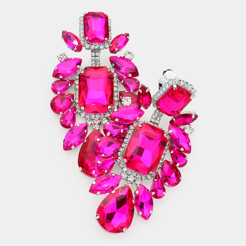 Large Fuchsia Multi Stone Embellished Clip On Pageant Earrings | Prom Earrings | 572297