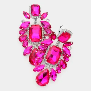 Large Fuchsia Multi Stone Embellished Clip On Pageant Earrings | Prom Earrings | 572297