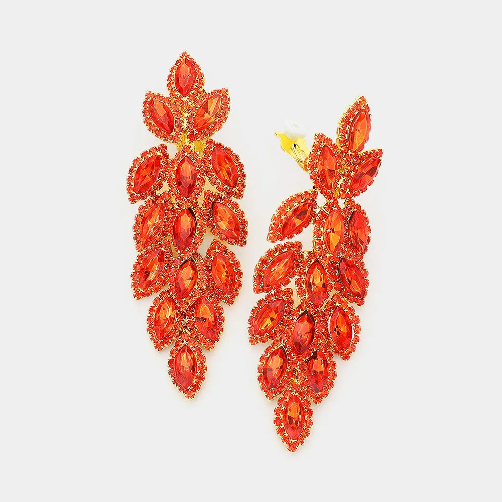 Large Orange Crystal Leaf Clip On Earrings | 541892