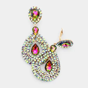 Large Rhinestone Trimmed Multi-color Crystal Teardrop Clip On Earrings | 427528