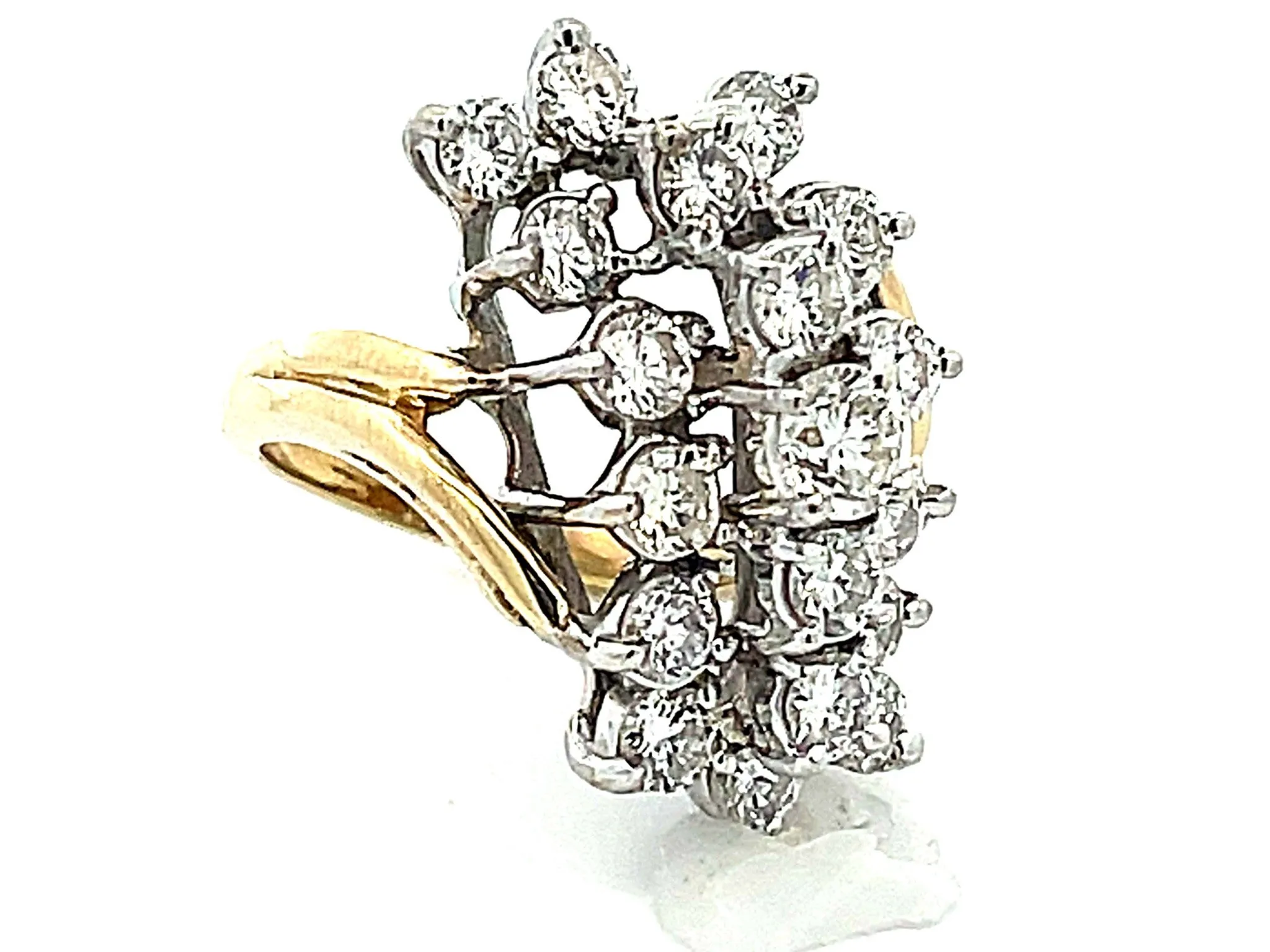 Large Three Vertical Row Diamond Waterfall Ring in 14k White and Yellow Gold