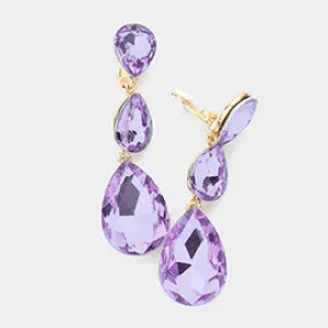 Lavender Crystal Triple Teardrop Clip-on Pageant Earrings  | 555347