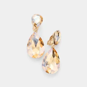 Light Topaz Crystal Double Teardrop Clip on Dangle Earrings  | Pageant Earrings | 535178