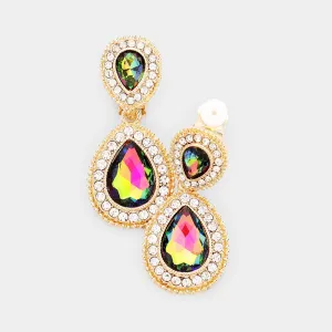 Little Girls Double Multi-Color Crystal Teardrop Clip On Earrings | 443995