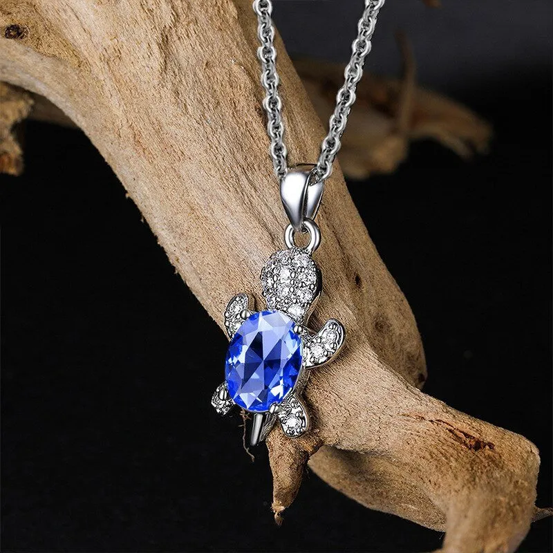 Luxury Aquamarine Turtle Jewelry Set Women Silver Necklace Earrings
