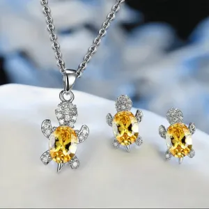 Luxury Aquamarine Turtle Jewelry Set Women Silver Necklace Earrings