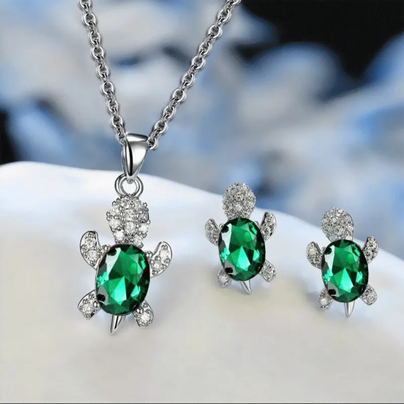 Luxury Aquamarine Turtle Jewelry Set Women Silver Necklace Earrings