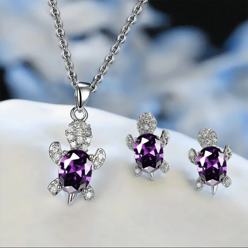 Luxury Aquamarine Turtle Jewelry Set Women Silver Necklace Earrings