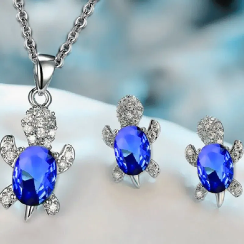 Luxury Aquamarine Turtle Jewelry Set Women Silver Necklace Earrings