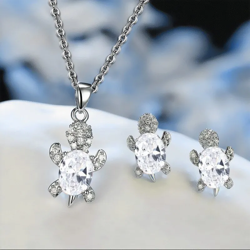 Luxury Aquamarine Turtle Jewelry Set Women Silver Necklace Earrings
