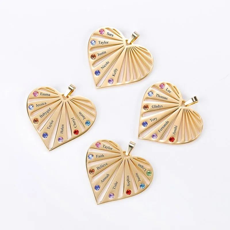 Luxury Birthstones Heart Pendant Necklace For Mother Engrave Jewelry