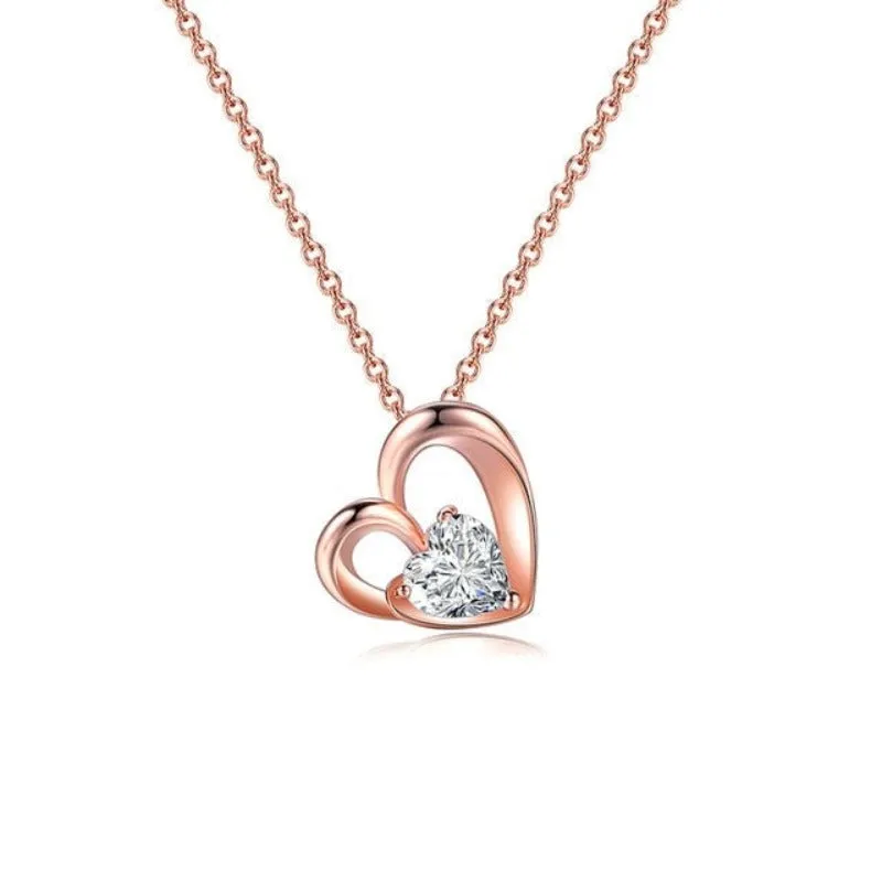 Luxury White Zircon Pendant Necklace 14K Rose Gold Women Bridal Jewelry