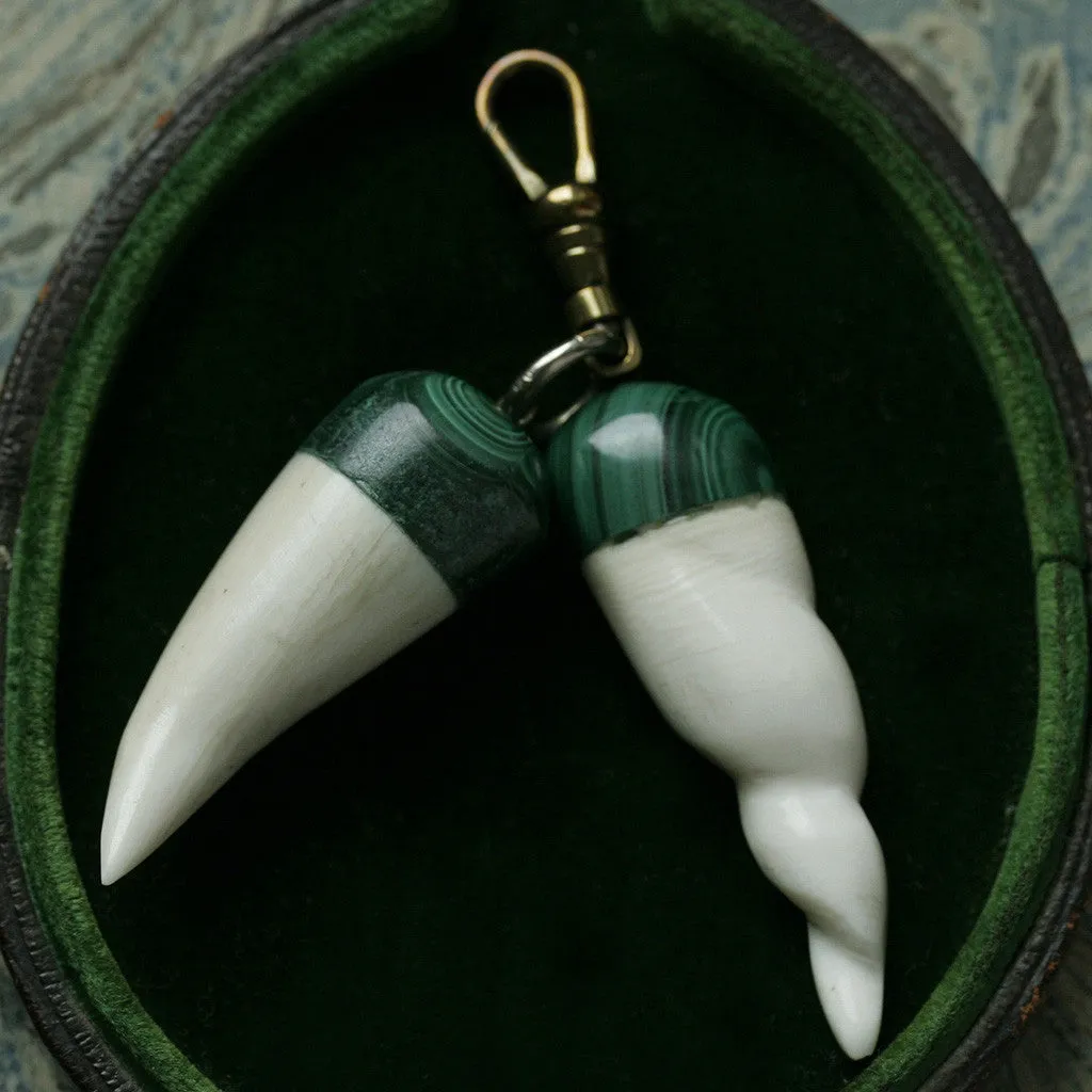 Malachite and Carved Bone Pendants