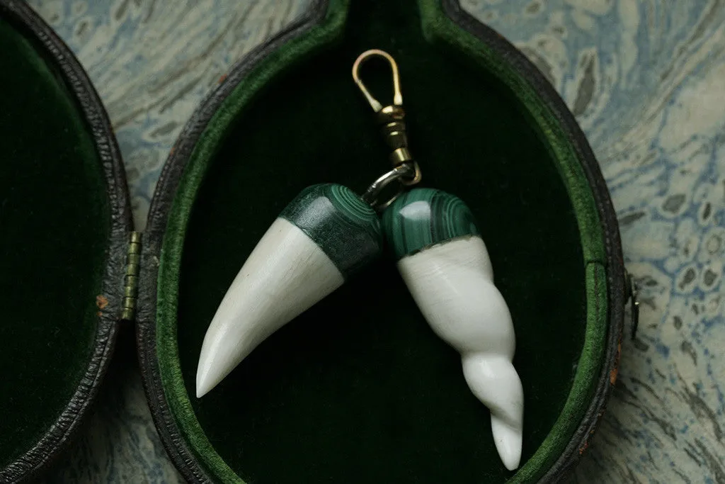 Malachite and Carved Bone Pendants
