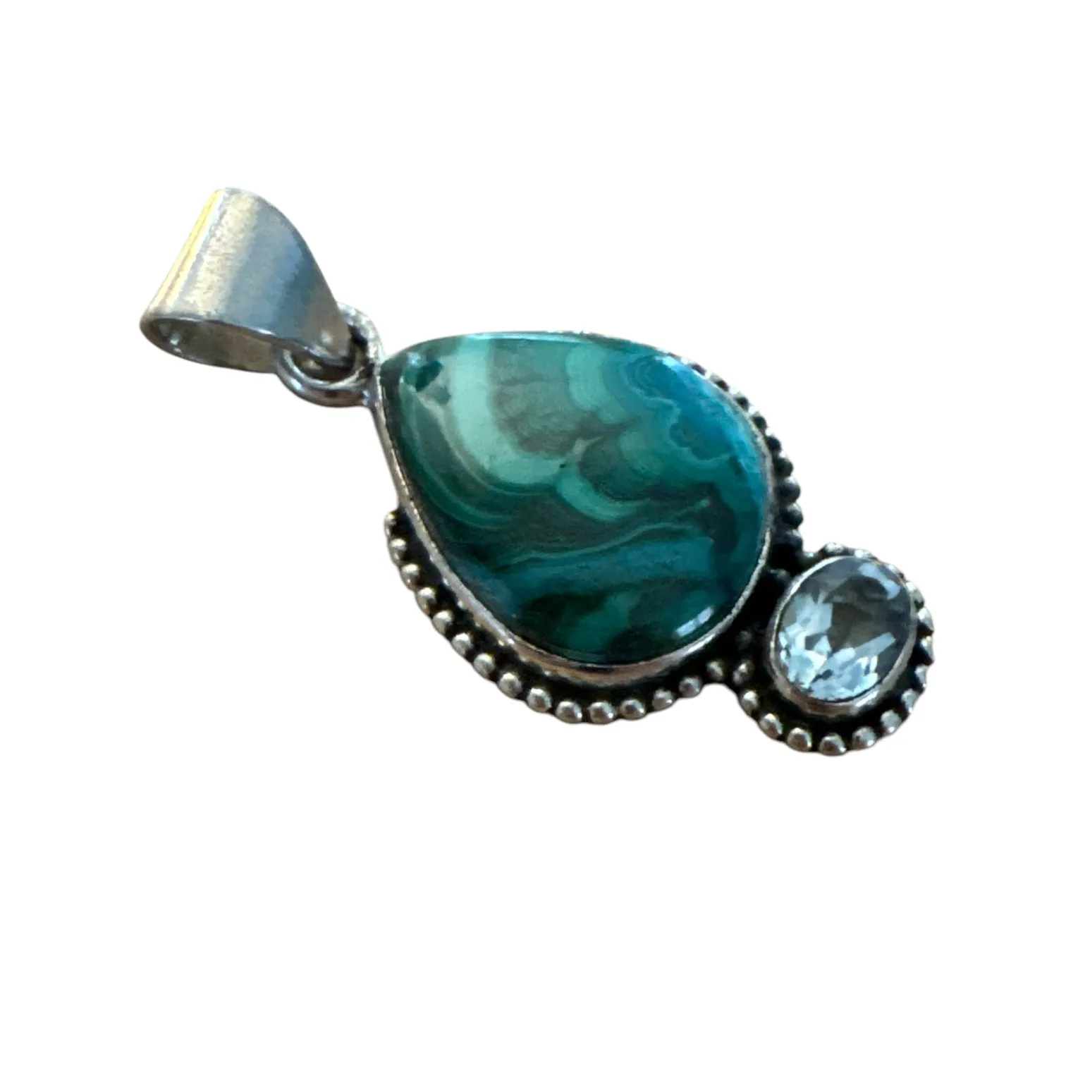 Malachite, Chrysocolla & Aquamarine Solid 925 Sterling Silver Pendant