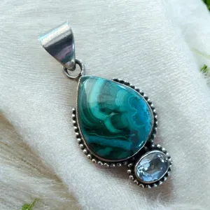 Malachite, Chrysocolla & Aquamarine Solid 925 Sterling Silver Pendant