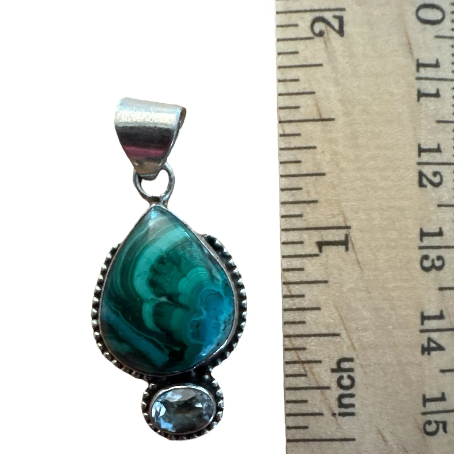 Malachite, Chrysocolla & Aquamarine Solid 925 Sterling Silver Pendant