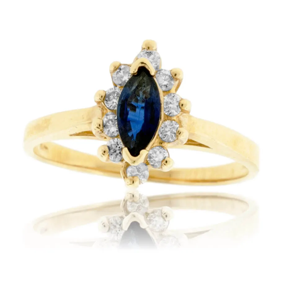 Marquise Blue Sapphire and Classic Diamond Halo Ring
