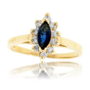 Marquise Blue Sapphire and Classic Diamond Halo Ring