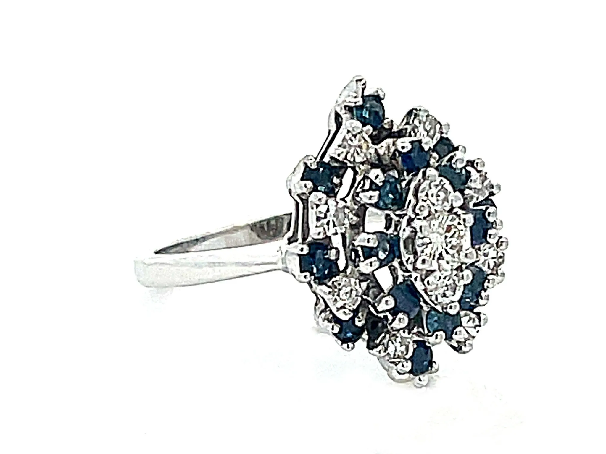 Marquise Shaped Sapphire Diamond Cluster Ring in 14k White Gold
