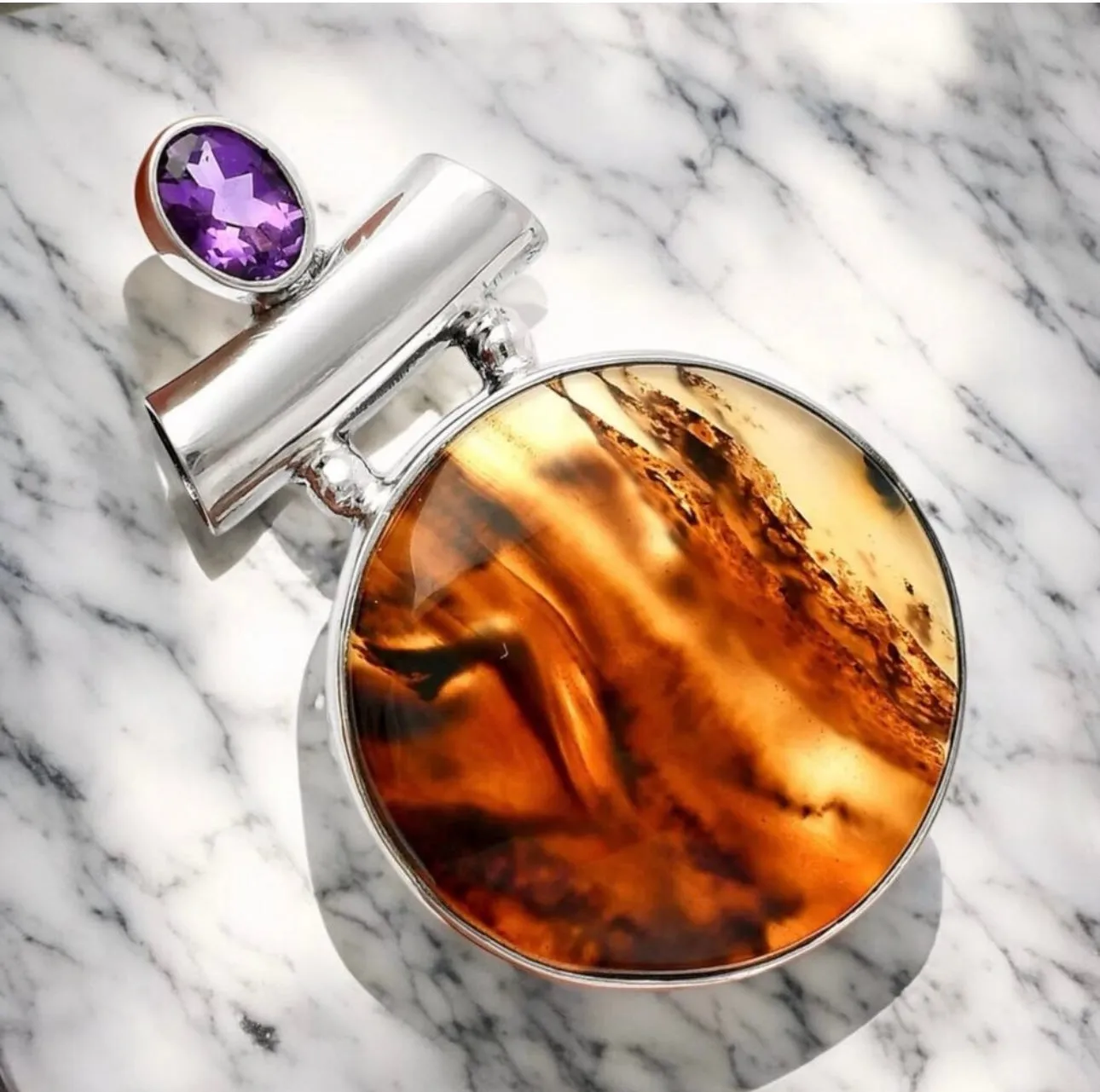 Montana Agate & Amethyst Solid 925 Sterling Silver Pendant