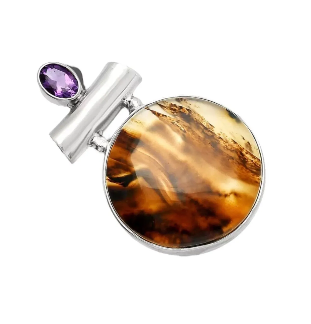 Montana Agate & Amethyst Solid 925 Sterling Silver Pendant