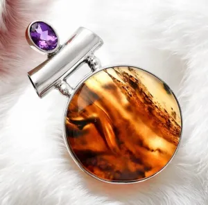 Montana Agate & Amethyst Solid 925 Sterling Silver Pendant