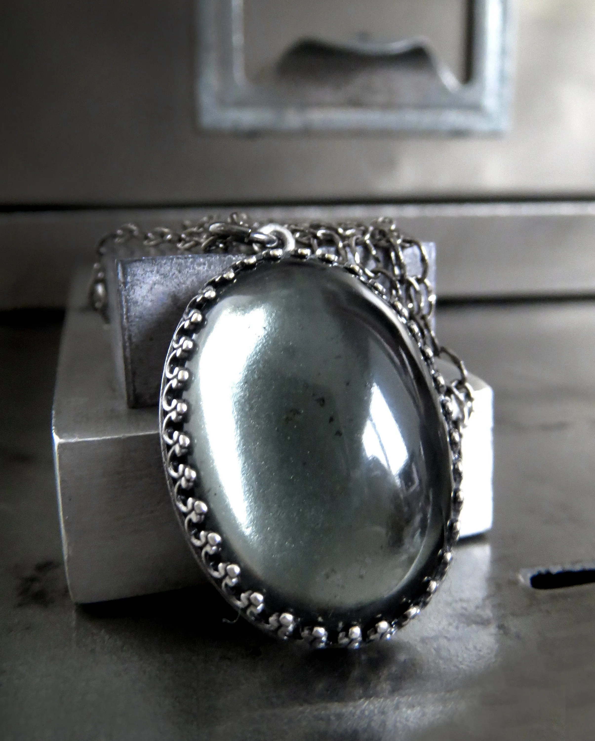 MOOD - Black Gothic Necklace with Vintage Style Oval Grey Glass Pendant