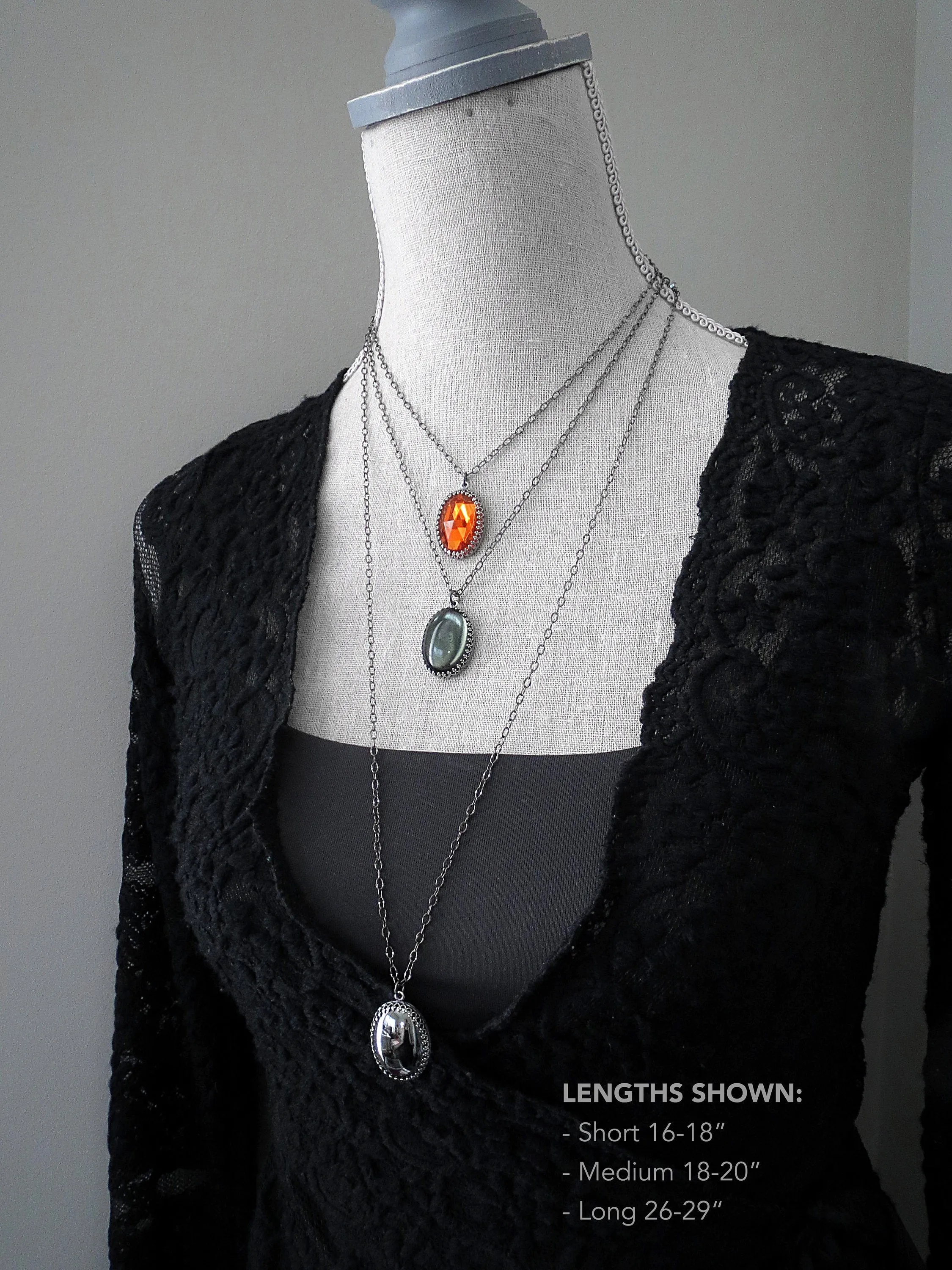 MOOD - Black Gothic Necklace with Vintage Style Oval Grey Glass Pendant
