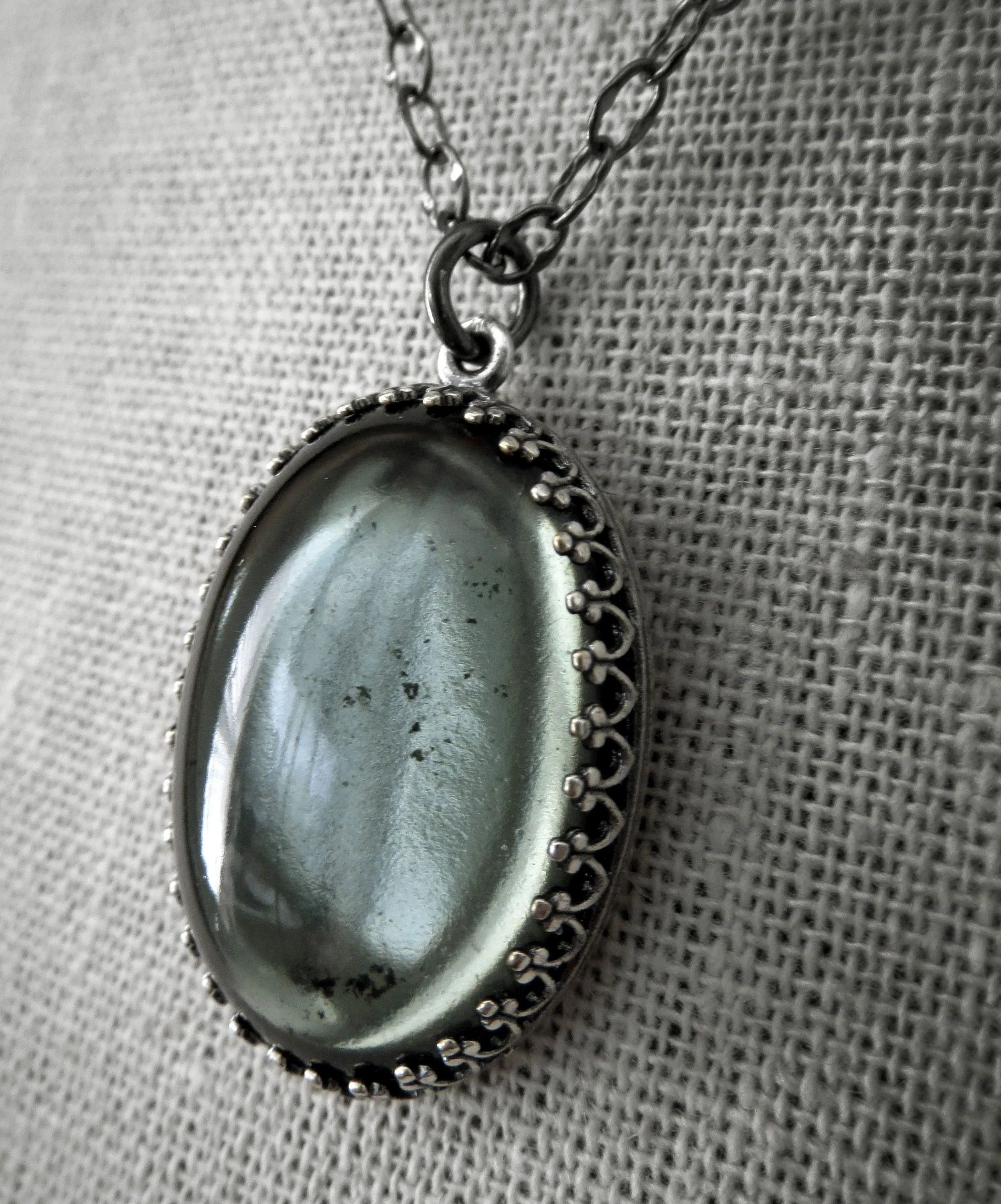 MOOD - Black Gothic Necklace with Vintage Style Oval Grey Glass Pendant