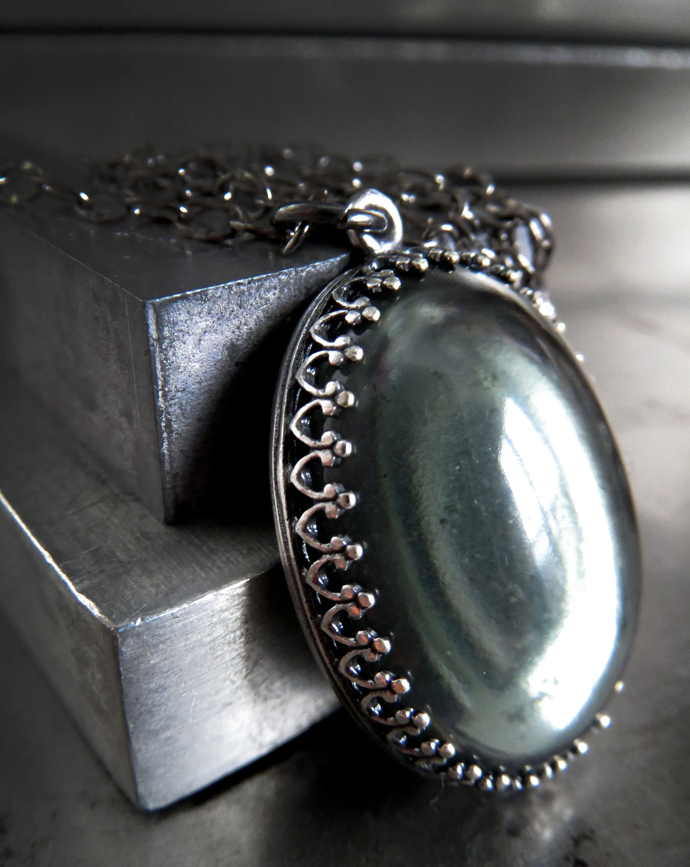 MOOD - Black Gothic Necklace with Vintage Style Oval Grey Glass Pendant