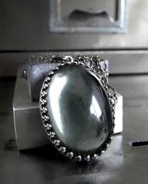 MOOD - Black Gothic Necklace with Vintage Style Oval Grey Glass Pendant