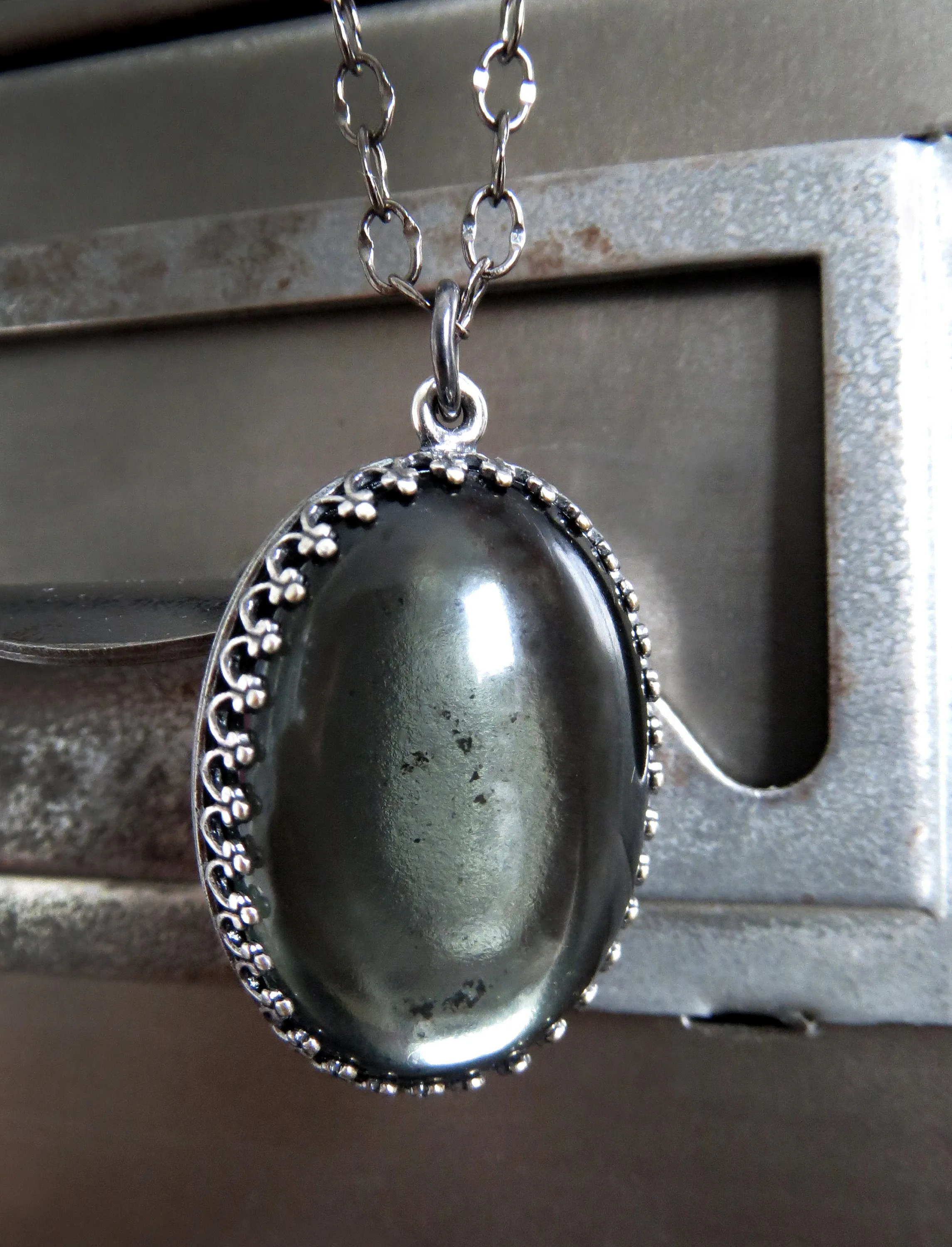 MOOD - Black Gothic Necklace with Vintage Style Oval Grey Glass Pendant