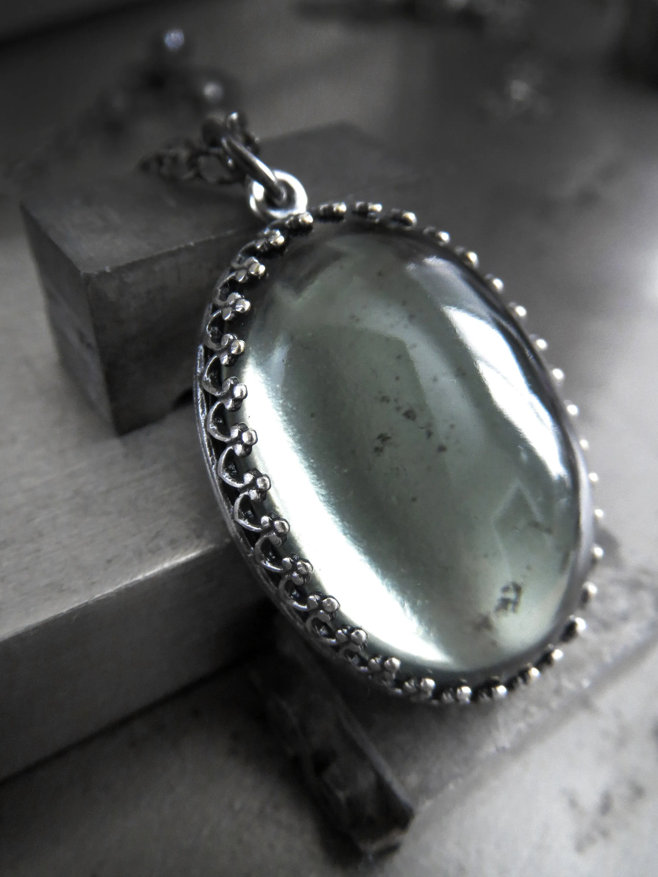 MOOD - Black Gothic Necklace with Vintage Style Oval Grey Glass Pendant