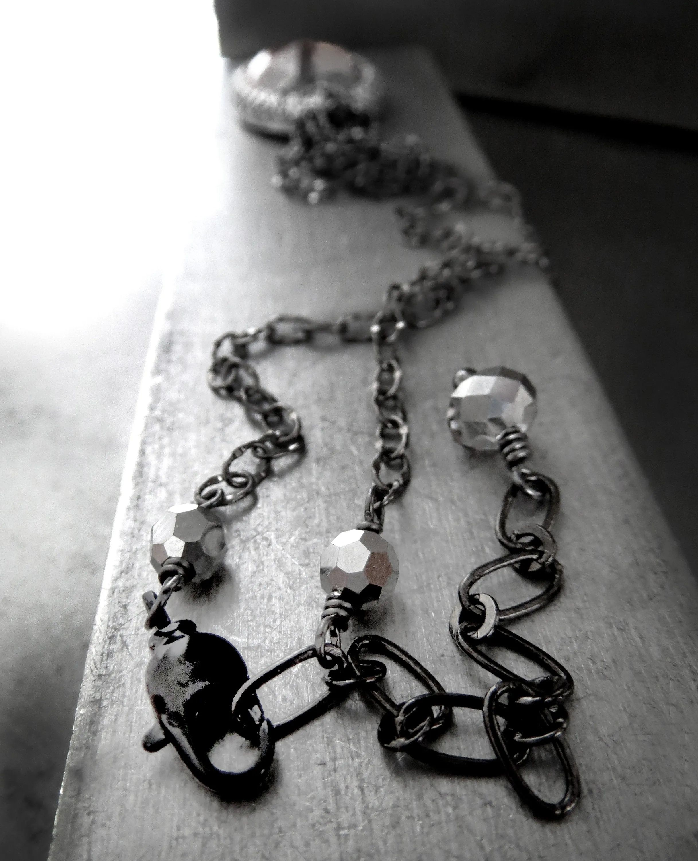 MOOD - Black Gothic Necklace with Vintage Style Oval Grey Glass Pendant