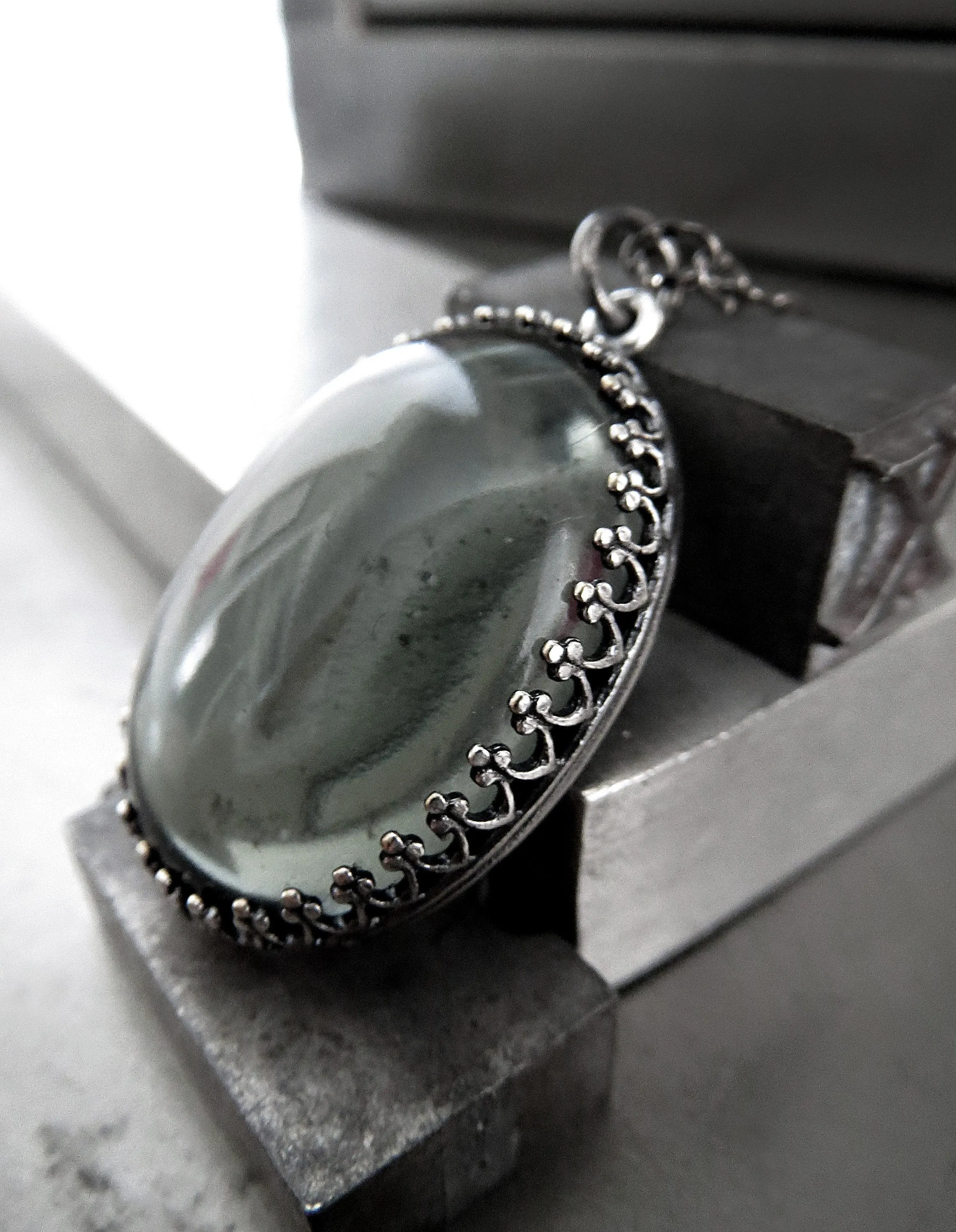 MOOD - Black Gothic Necklace with Vintage Style Oval Grey Glass Pendant