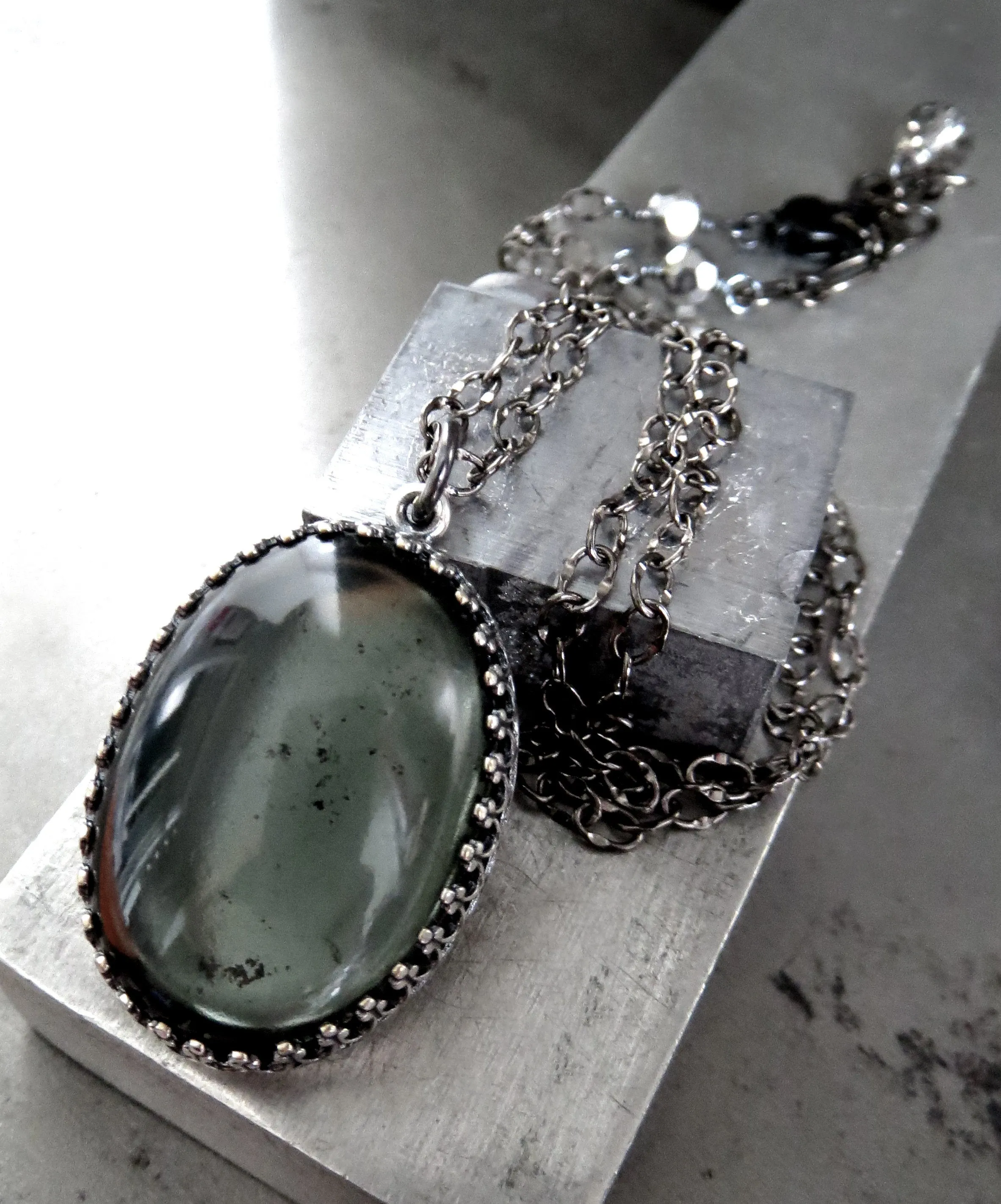 MOOD - Black Gothic Necklace with Vintage Style Oval Grey Glass Pendant