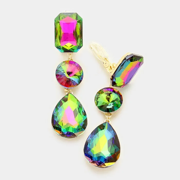 Multi-Color Clip On Crystal Triple Drop Geometric Shape Pageant Earrings On Gold  | Prom Earrings | 249189