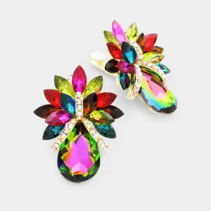 Multi-Color Crystal Petal Teardrop Clip On Pageant Earrings  | Prom Earrings | 228168