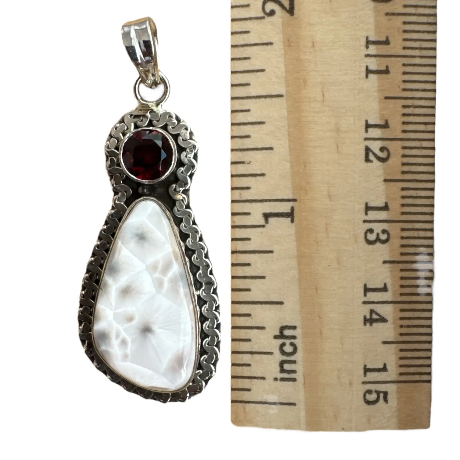 Natrolite & Garnet Solid 925 Sterling Silver Pendant