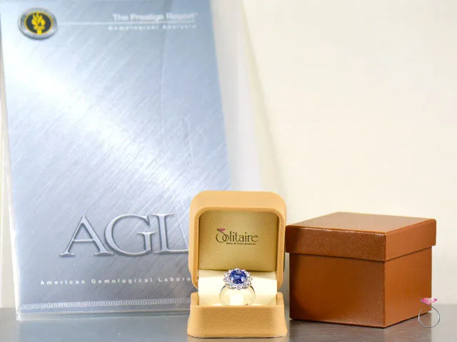 Natural 7.08ct Blue Ceylon Sapphire Diamond Halo Ring in Platinum