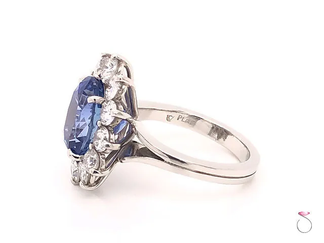 Natural 7.08ct Blue Ceylon Sapphire Diamond Halo Ring in Platinum